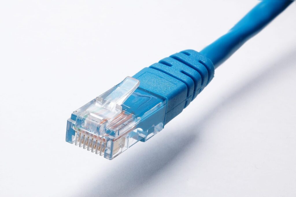 A picture of a Ethernet Cable with a 8P8C connector (commonly known as RJ45.